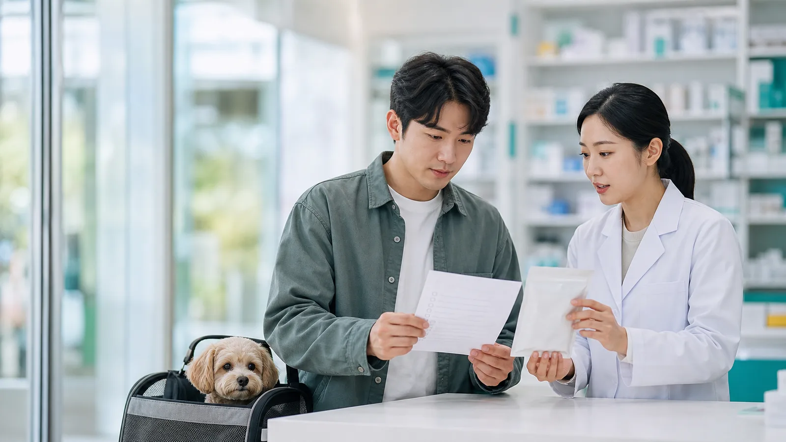 동물약국에서 반려동물 의약품 구매 전 확인 사항을 상담하는 모습